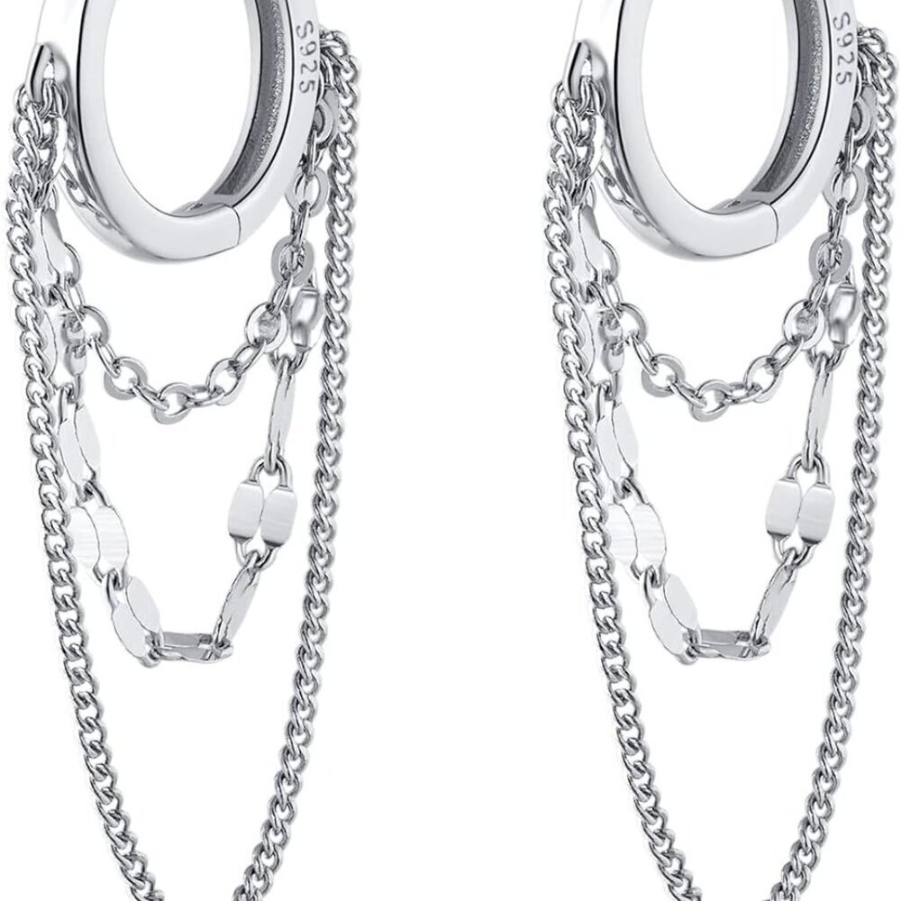 Solid 925 Sterling Silver Chain Drop Earrings Hoo… - image 1